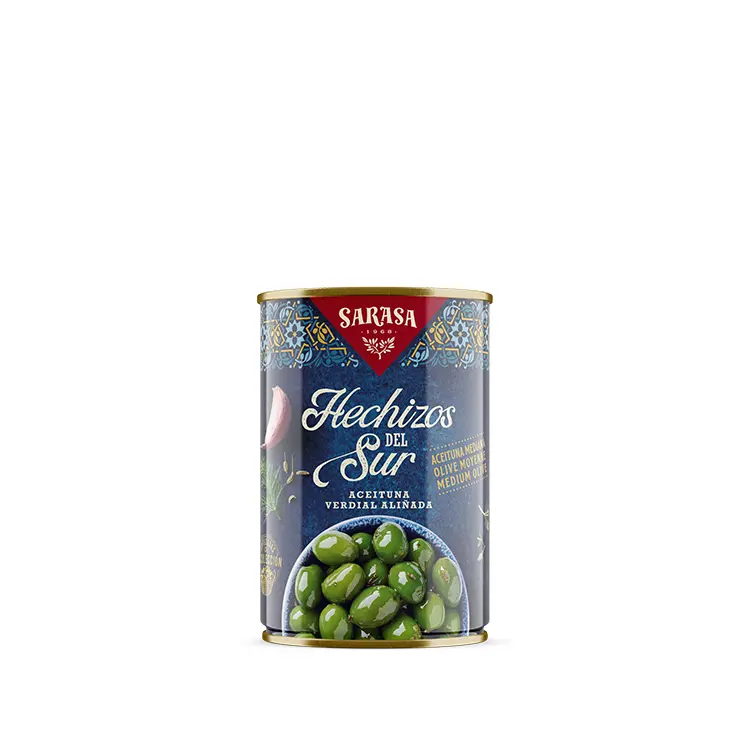  Groene olijven met kruiden Hechizos del Sur (met pit) - klein blik 165g 